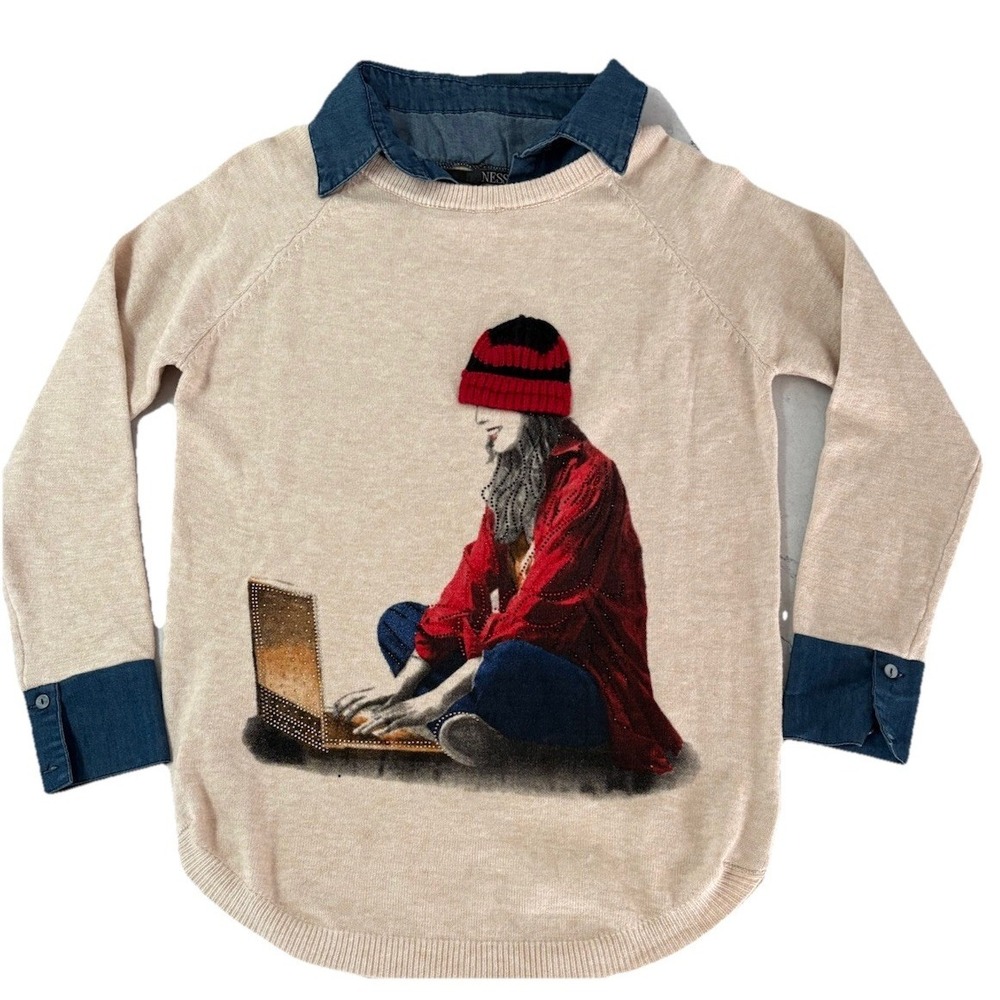 Ness Light Oatmeal Knit 3D knit appliqué Beanie Denim Shirt Collar Large Sweater - Picture 1 of 13